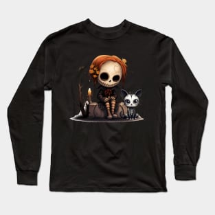 Spooky girl and her cat Long Sleeve T-Shirt